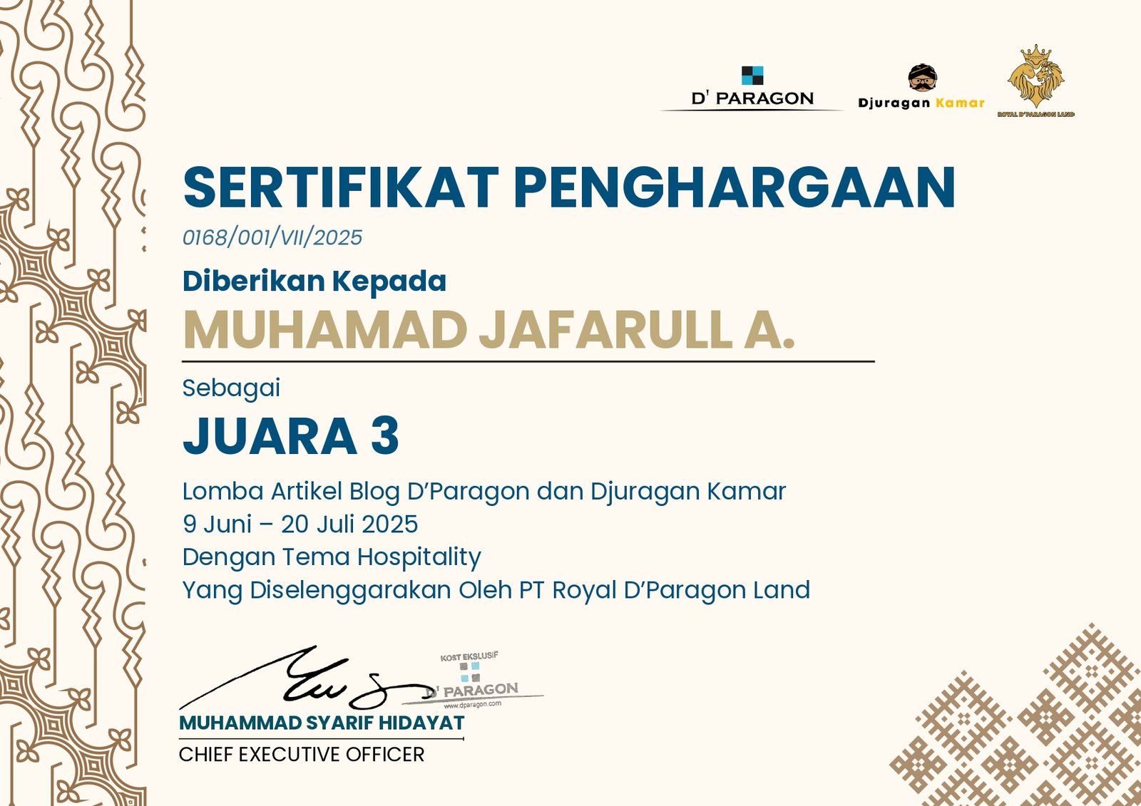 Pengalaman Jafarull Menjadi Juara 3 Lomba Artikel Blog D’Paragon
